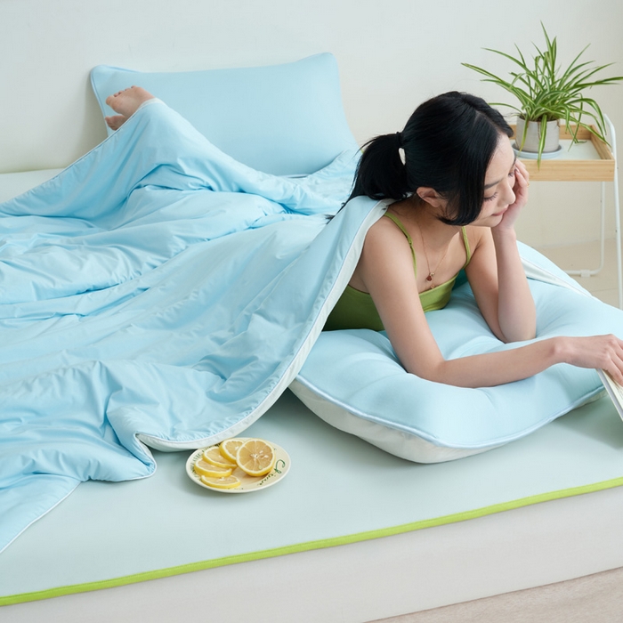 91家纺网 家纺一手货源 找家纺 晨曦家纺 2026新款凉感丝清凉大豆夏被夏凉被空调被凉席四件套-熊猫冻冻被 冻冻被-天青色拼天蓝