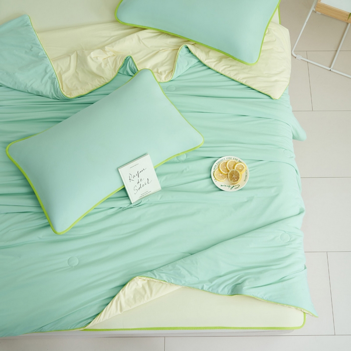 91家纺网 家纺一手货源 找家纺 晨曦家纺 2026新款凉感丝清凉大豆夏被夏凉被空调被凉席四件套-熊猫冻冻被 冻冻被-浅绿拼奶黄