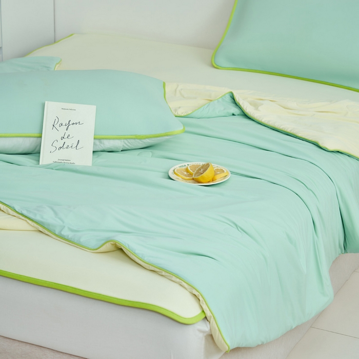 91家纺网 家纺一手货源 找家纺 晨曦家纺 2026新款凉感丝清凉大豆夏被夏凉被空调被凉席四件套-熊猫冻冻被 冻冻被-浅绿拼奶黄