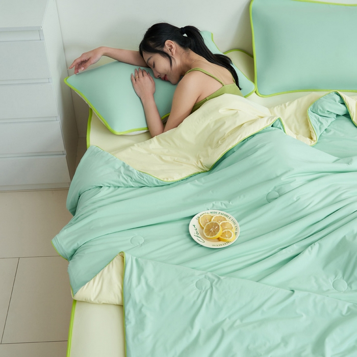 91家纺网 家纺一手货源 找家纺 晨曦家纺 2026新款凉感丝清凉大豆夏被夏凉被空调被凉席四件套-熊猫冻冻被 冻冻被-浅绿拼奶黄