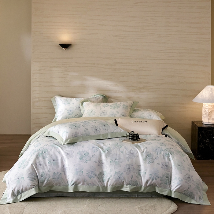 薏思家纺 2026年13376新疆铂金棉飞边工艺印花四件套 半夏绿