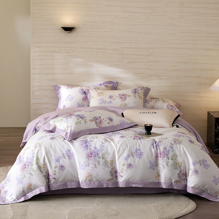 薏思家纺 2026年13376新疆铂金棉飞边工艺印花四件套 嘉卉紫