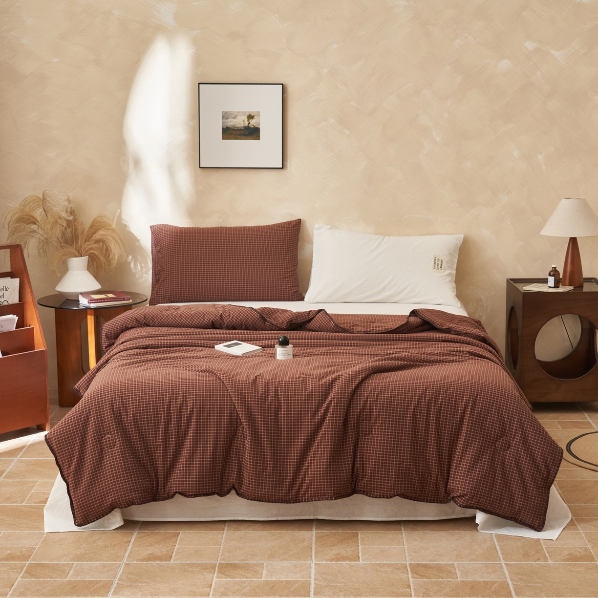 91家纺网 家纺一手货源 找家纺 晨曦家纺 2026新款INS博主风A类全棉色织水洗棉格子夏凉被棉花被夏被空调被四件套 向往-红格