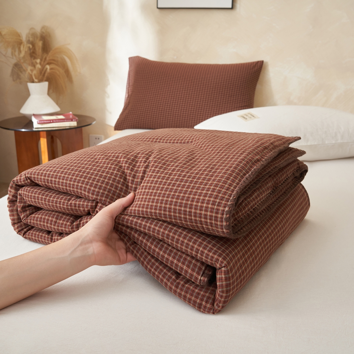 91家纺网 家纺一手货源 找家纺 晨曦家纺 2026新款INS博主风A类全棉色织水洗棉格子夏凉被棉花被夏被空调被四件套 向往-红格