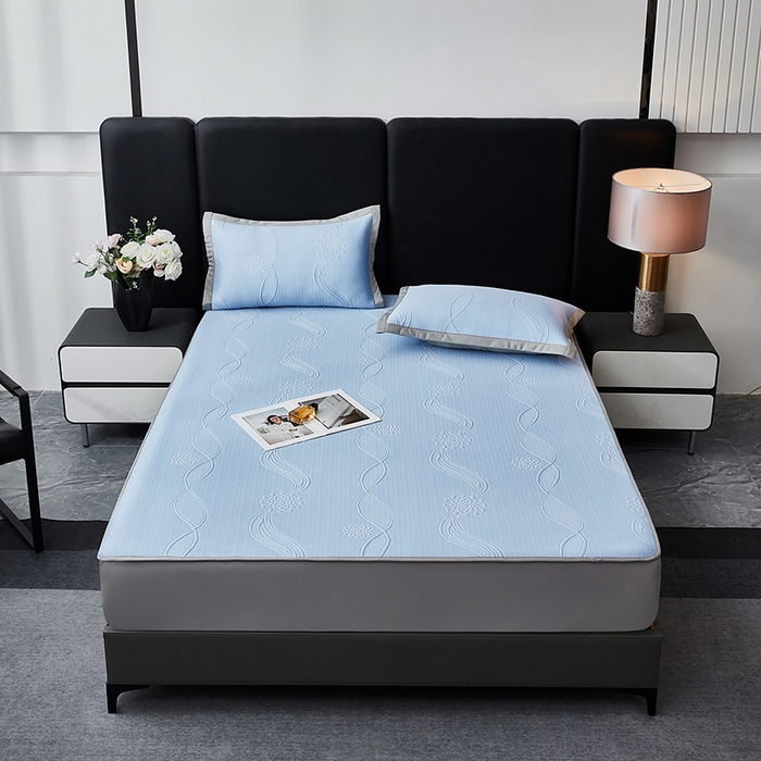 91家纺网 家纺一手货源 找家纺 库里梦家纺 2026新款轻奢高克重复合PE高分子凉席床笠三件套-芳菲 芳菲-蓝色床笠款