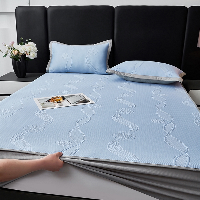 91家纺网 家纺一手货源 找家纺 库里梦家纺 2026新款轻奢高克重复合PE高分子凉席床笠三件套-芳菲 芳菲-蓝色床笠款