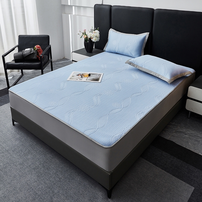 91家纺网 家纺一手货源 找家纺 库里梦家纺 2026新款轻奢高克重复合PE高分子凉席床笠三件套-芳菲 芳菲-蓝色床笠款