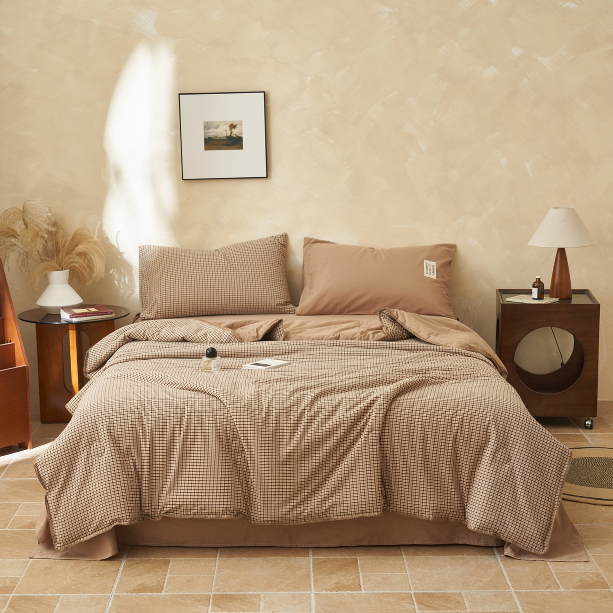 91家纺网 家纺一手货源 找家纺 晨曦家纺 2026新款INS博主风A类全棉色织水洗棉格子夏凉被棉花被夏被空调被四件套 向往-咖格
