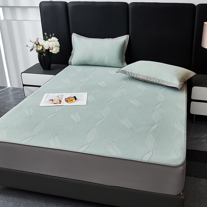 91家纺网 家纺一手货源 找家纺 库里梦家纺 2026新款轻奢高克重复合PE高分子凉席床笠三件套-芳菲 芳菲-绿色床笠款