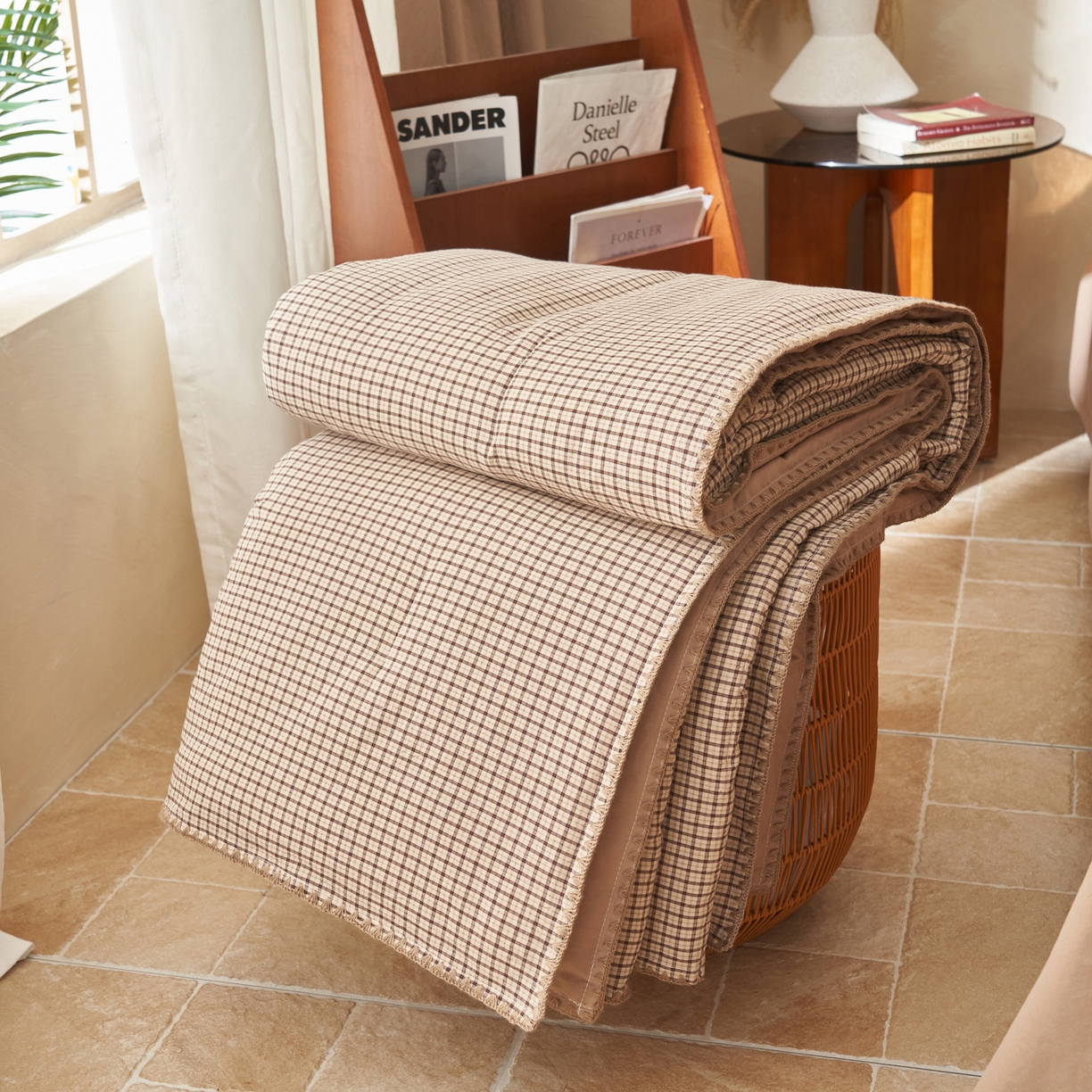 91家纺网 家纺一手货源 找家纺 晨曦家纺 2026新款INS博主风A类全棉色织水洗棉格子夏凉被棉花被夏被空调被四件套 向往-咖格