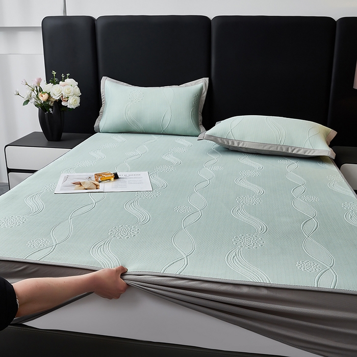 91家纺网 家纺一手货源 找家纺 库里梦家纺 2026新款轻奢高克重复合PE高分子凉席床笠三件套-芳菲 芳菲-绿色床笠款