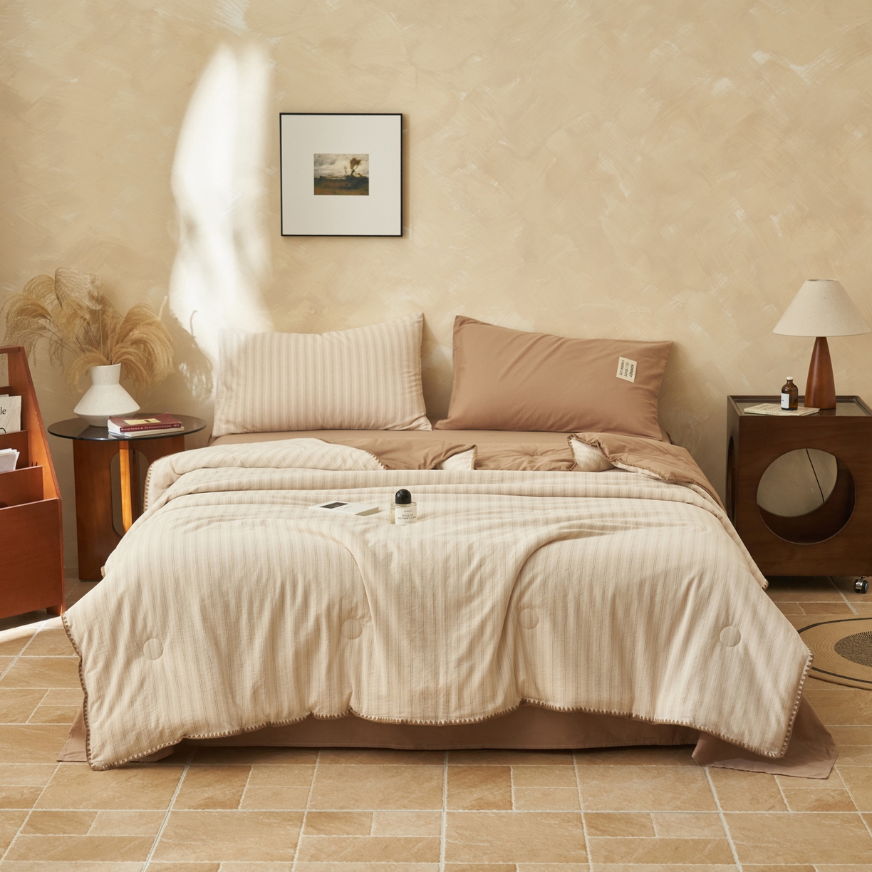 91家纺网 家纺一手货源 找家纺 晨曦家纺 2026新款INS博主风A类全棉色织水洗棉格子夏凉被棉花被夏被空调被四件套 印章-条纹