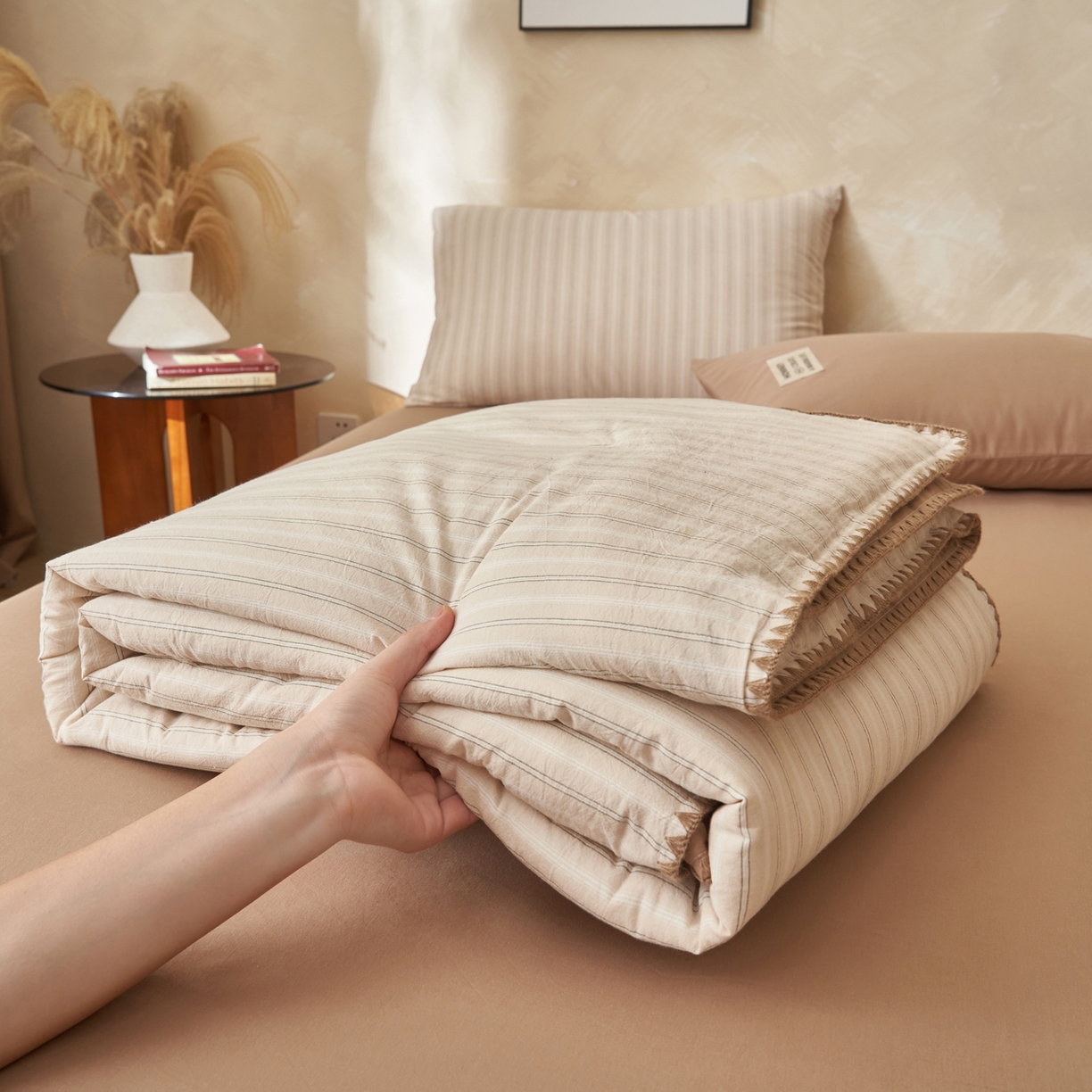 91家纺网 家纺一手货源 找家纺 晨曦家纺 2026新款INS博主风A类全棉色织水洗棉格子夏凉被棉花被夏被空调被四件套 印章-条纹