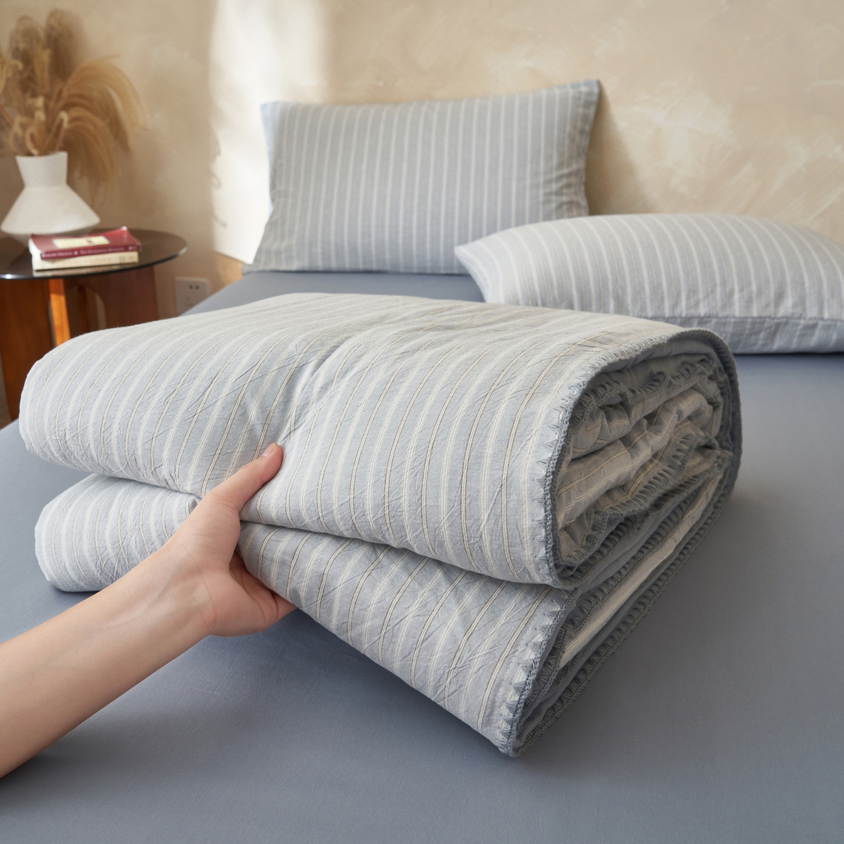 晨曦家纺 2026新款INS博主风A类全棉色织水洗棉格子夏凉被棉花被夏被空调被四件套 知夏-蓝条纹