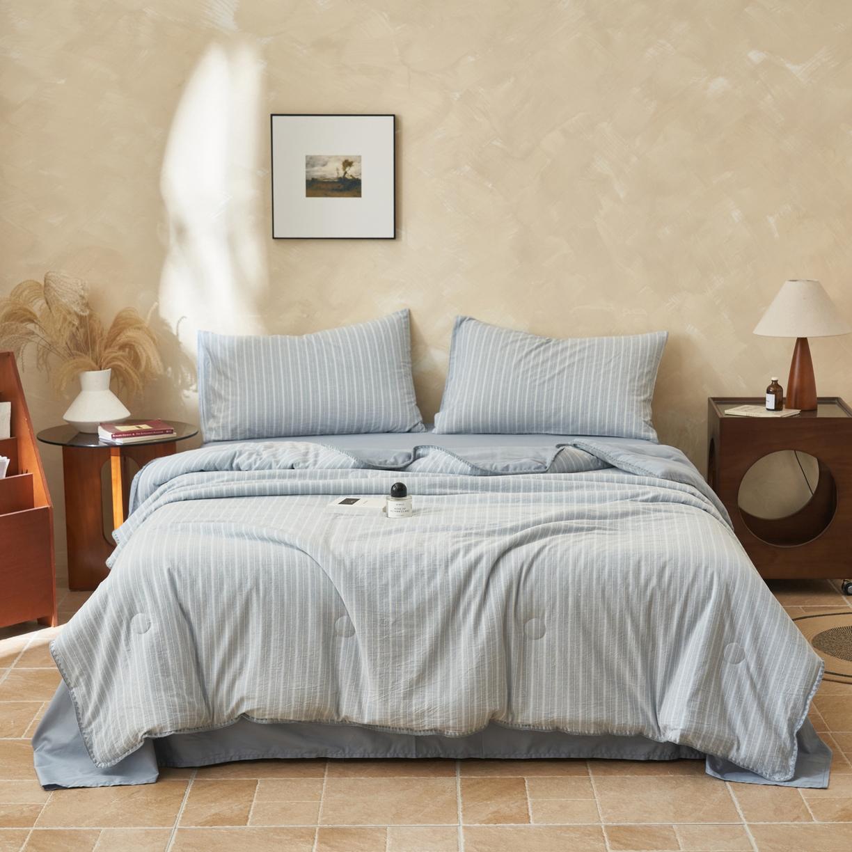 91家纺网 家纺一手货源 找家纺 晨曦家纺 2026新款INS博主风A类全棉色织水洗棉格子夏凉被棉花被夏被空调被四件套 知夏-蓝条纹