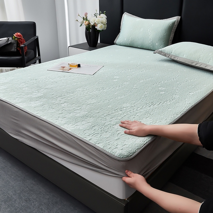 91家纺网 家纺一手货源 找家纺 （总）库里梦家纺 2026新款轻奢高克重复合PE高分子凉席床笠三件套-简卉