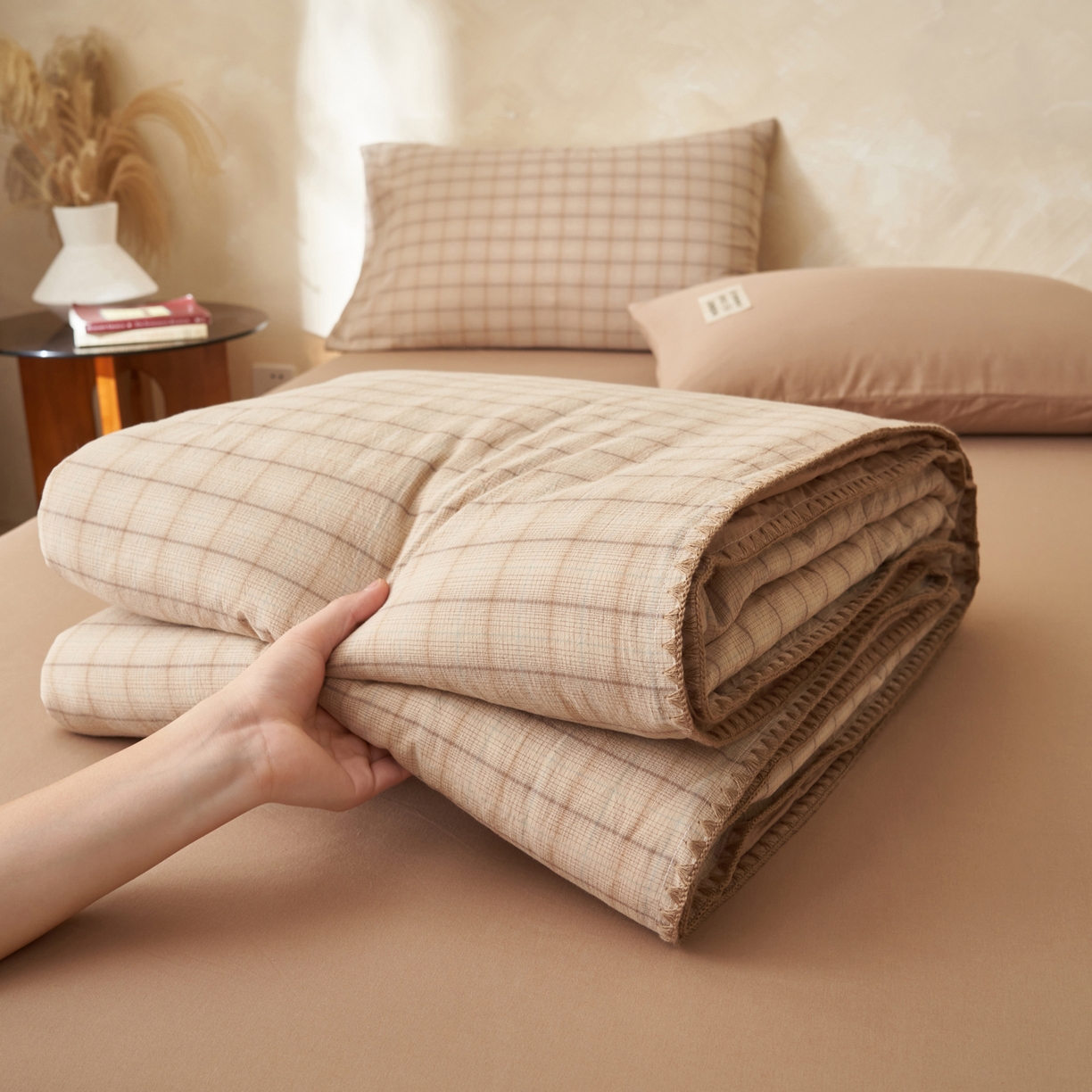 晨曦家纺 2026新款INS博主风A类全棉色织水洗棉格子夏凉被棉花被夏被空调被四件套 追觅-咖格
