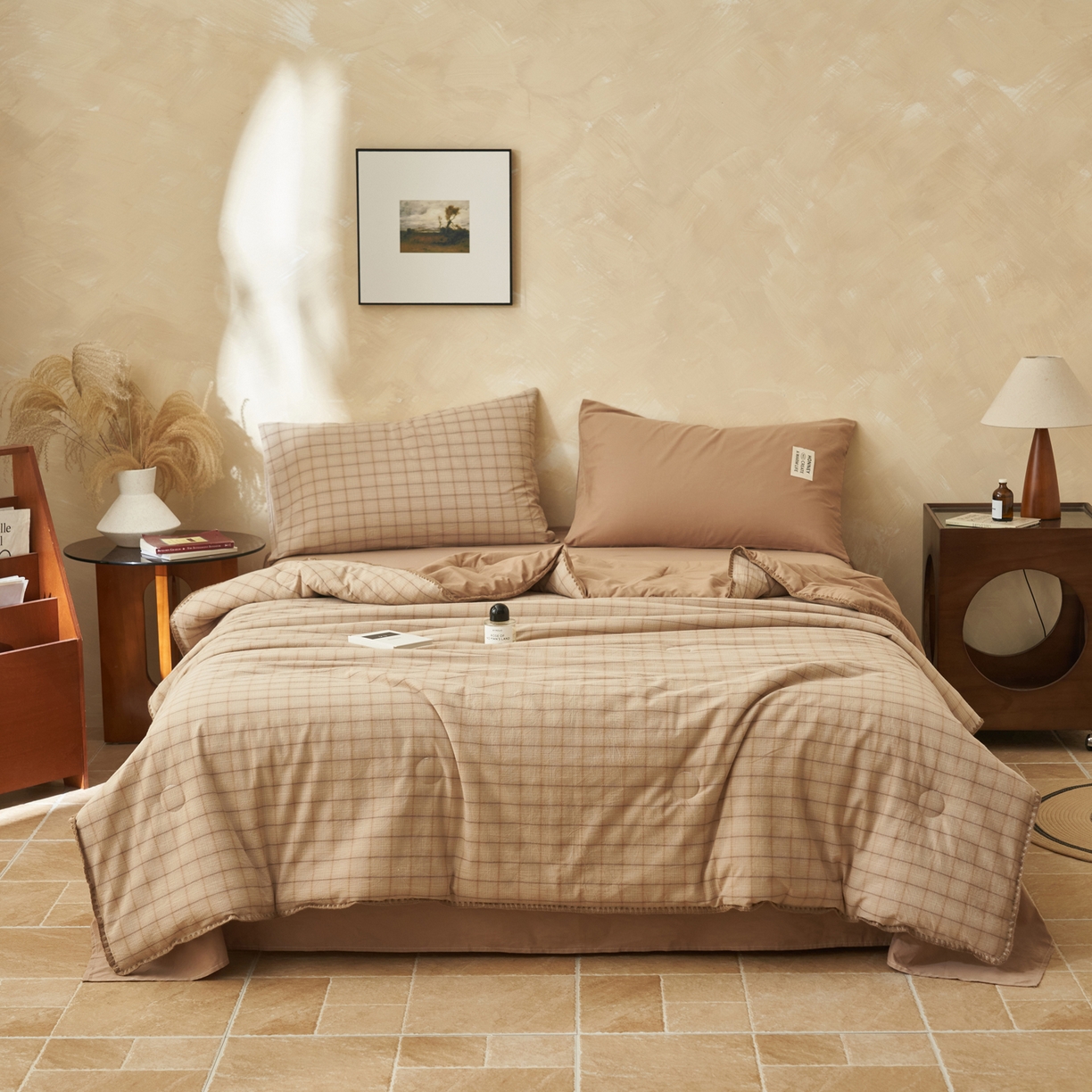 91家纺网 家纺一手货源 找家纺 晨曦家纺 2026新款INS博主风A类全棉色织水洗棉格子夏凉被棉花被夏被空调被四件套 追觅-咖格