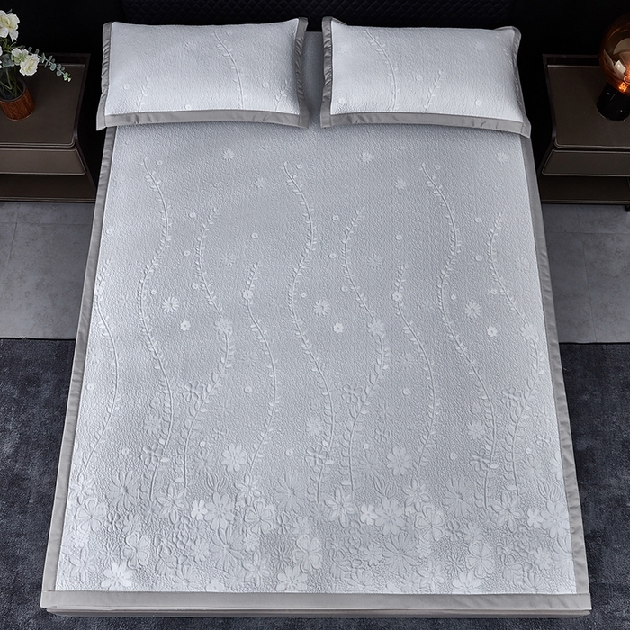 91家纺网 家纺一手货源 找家纺 库里梦家纺 2026新款轻奢高克重复合PE高分子凉席床笠三件套-简卉 简卉-灰色床席款