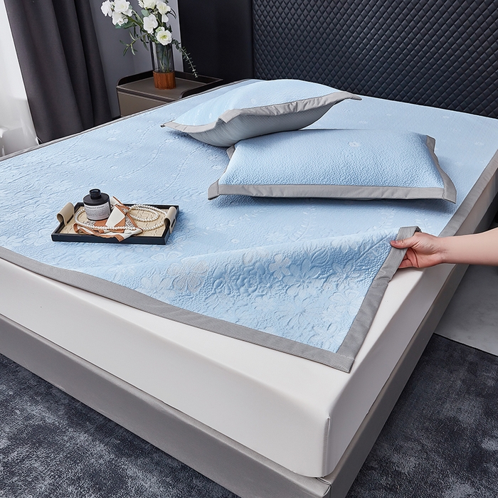 91家纺网 家纺一手货源 找家纺 库里梦家纺 2026新款轻奢高克重复合PE高分子凉席床笠三件套-简卉 简卉-蓝色床席款