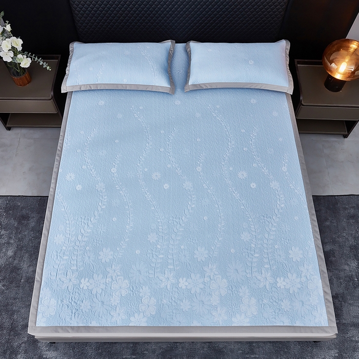 91家纺网 家纺一手货源 找家纺 库里梦家纺 2026新款轻奢高克重复合PE高分子凉席床笠三件套-简卉 简卉-蓝色床席款