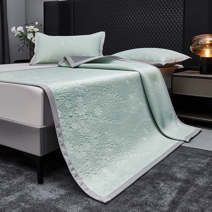 91家纺网 家纺一手货源 找家纺 库里梦家纺 2026新款轻奢高克重复合PE高分子凉席床笠三件套-简卉 简卉-绿色床席款