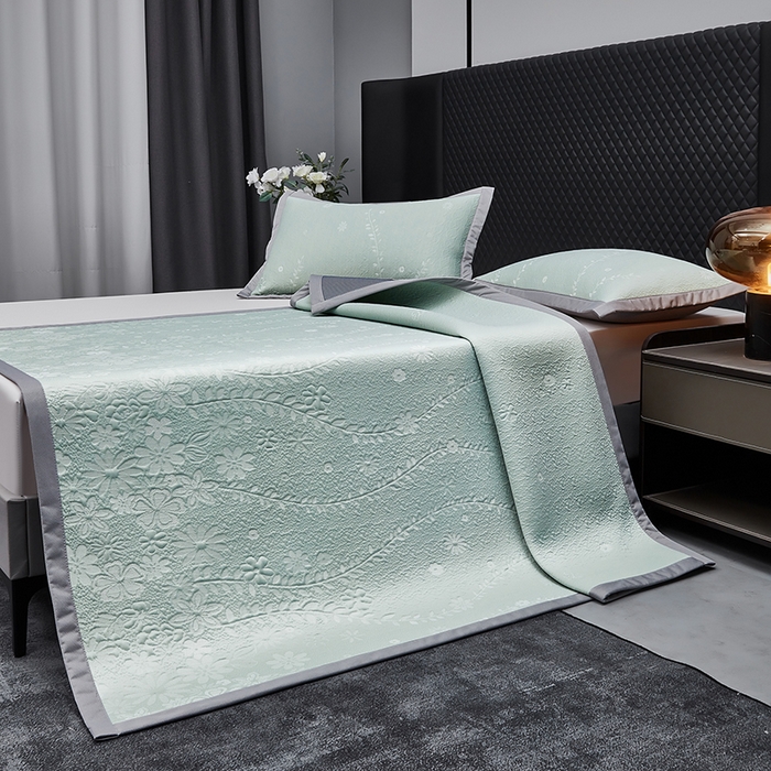 91家纺网 家纺一手货源 找家纺 库里梦家纺 2026新款轻奢高克重复合PE高分子凉席床笠三件套-简卉 简卉-绿色床席款