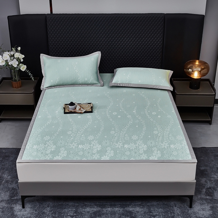 91家纺网 家纺一手货源 找家纺 库里梦家纺 2026新款轻奢高克重复合PE高分子凉席床笠三件套-简卉 简卉-绿色床席款