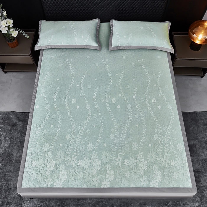 91家纺网 家纺一手货源 找家纺 库里梦家纺 2026新款轻奢高克重复合PE高分子凉席床笠三件套-简卉 简卉-绿色床席款