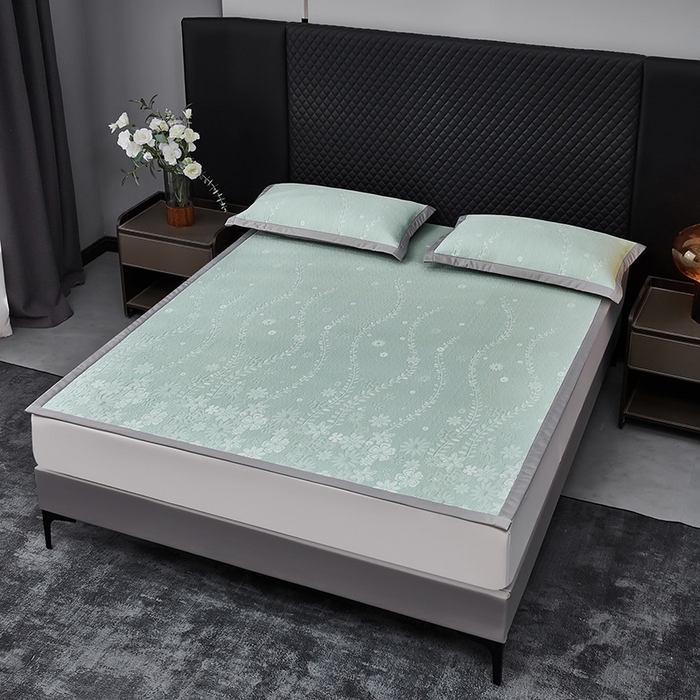 91家纺网 家纺一手货源 找家纺 库里梦家纺 2026新款轻奢高克重复合PE高分子凉席床笠三件套-简卉 简卉-绿色床席款