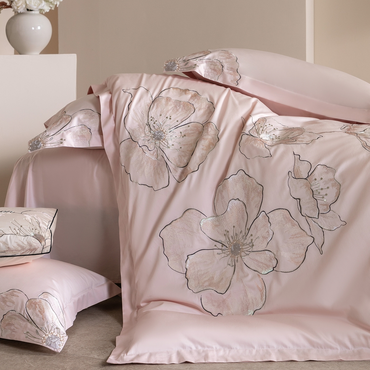 91家纺网 家纺一手货源 找家纺 （总）优悦生活馆 2026新款工艺款全棉新疆长绒棉刺绣四件套-朝露晨风