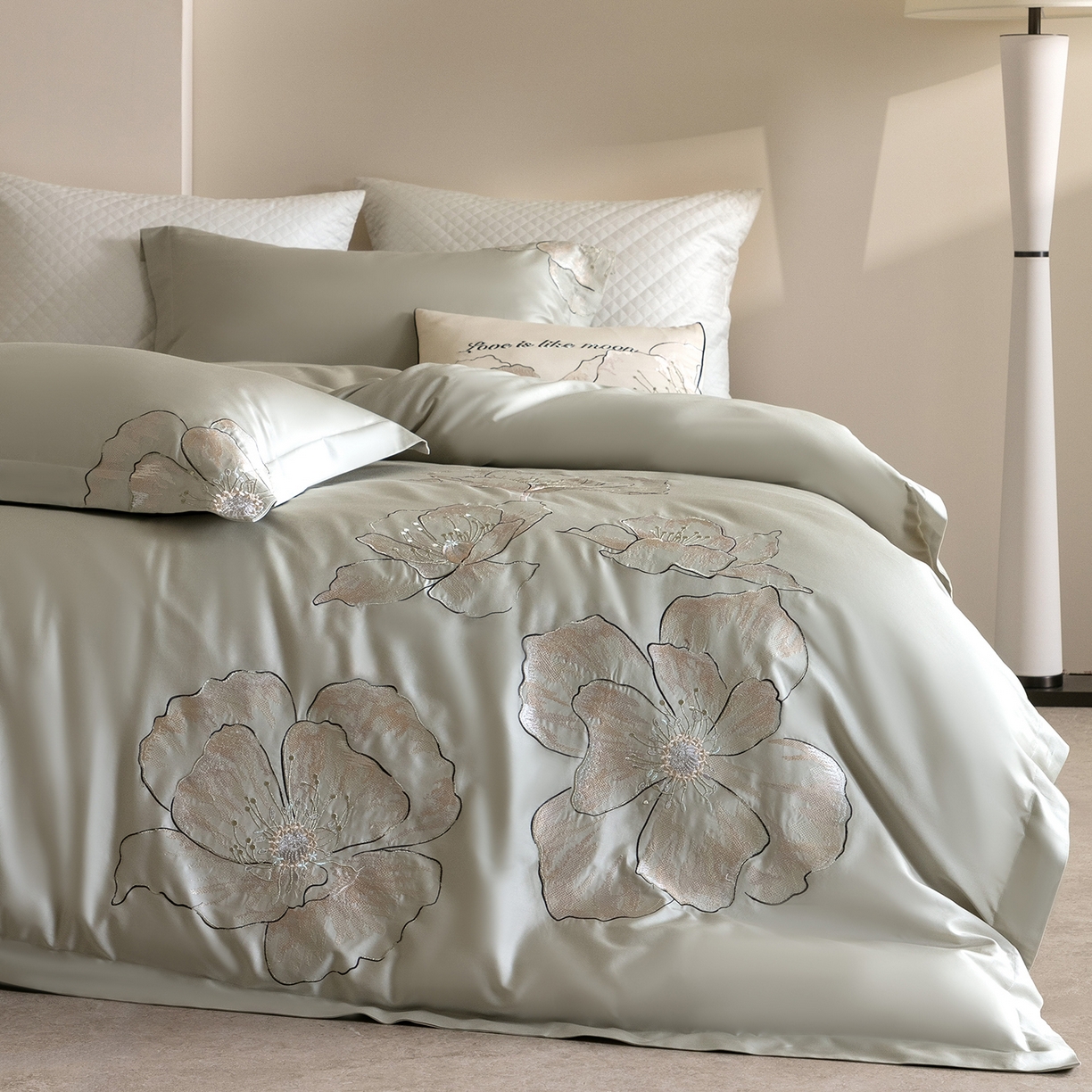 91家纺网 家纺一手货源 找家纺 优悦生活馆 2026新款工艺款全棉新疆长绒棉刺绣四件套-朝露晨风 朝露晨风-绿