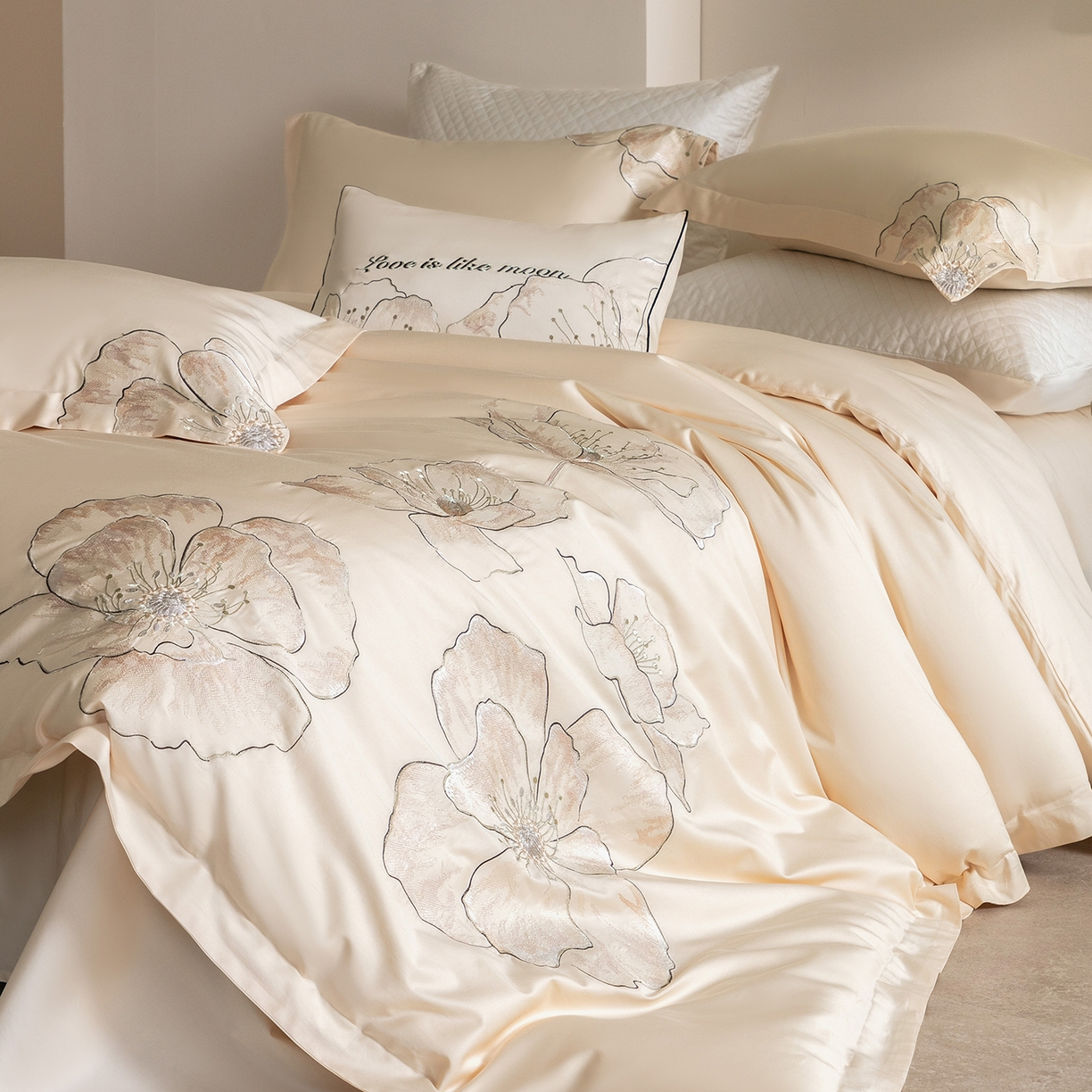 91家纺网 家纺一手货源 找家纺 优悦生活馆 2026新款工艺款全棉新疆长绒棉刺绣四件套-朝露晨风 朝露晨风-香槟