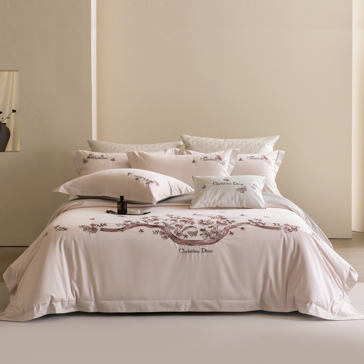 优悦生活馆 2026新款高密亲肤全棉新疆长绒棉刺绣四件套-流萤花畔 流萤花畔-粉