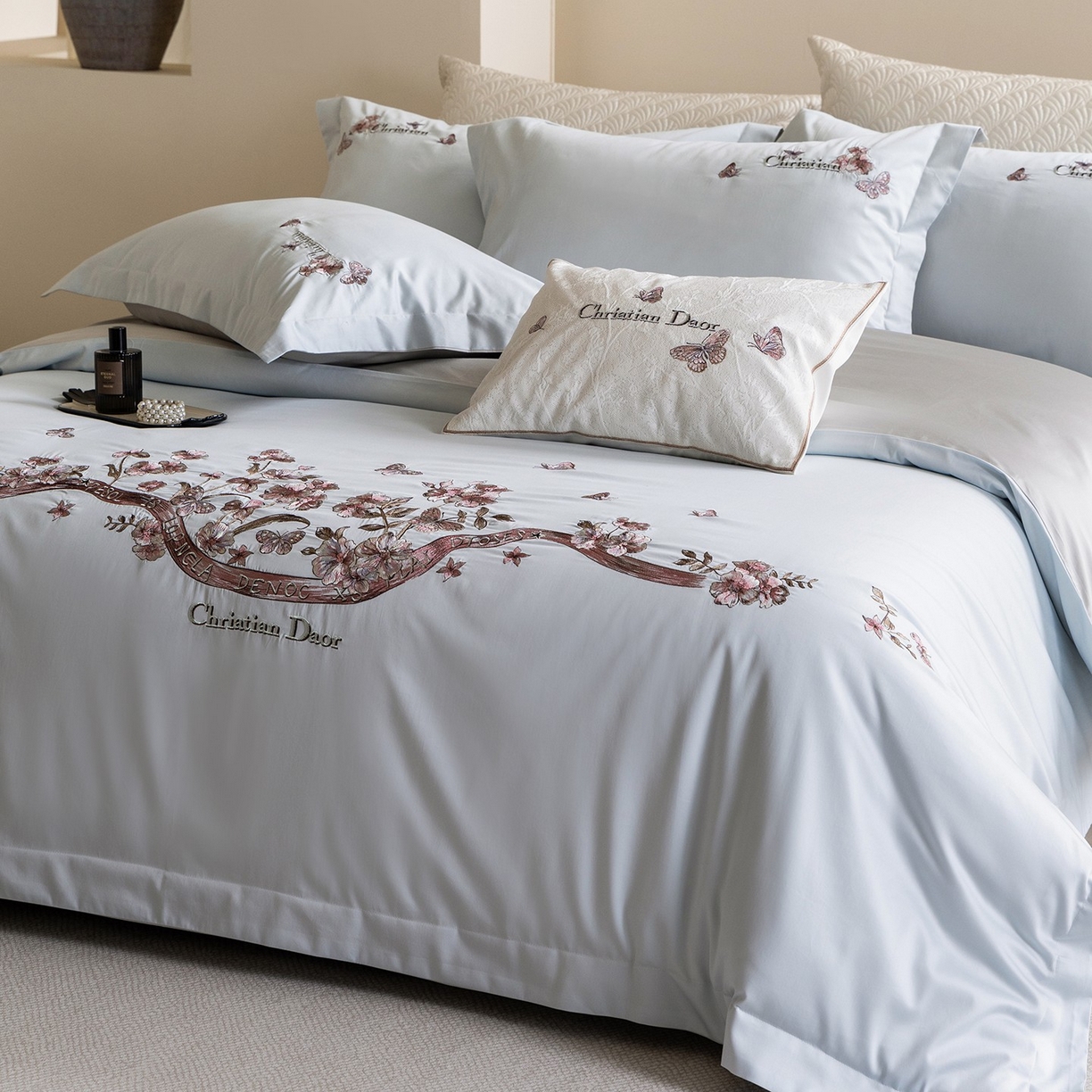 91家纺网 家纺一手货源 找家纺 优悦生活馆 2026新款高密亲肤全棉新疆长绒棉刺绣四件套-流萤花畔 流萤花畔-蓝