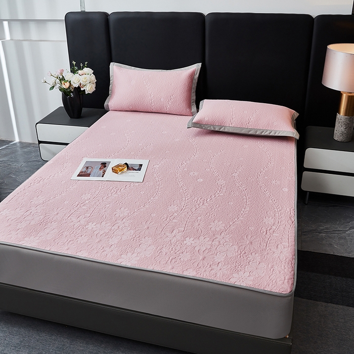 91家纺网 家纺一手货源 找家纺 库里梦家纺 2026新款轻奢高克重复合PE高分子凉席床笠三件套-简卉 简卉-粉色床笠款