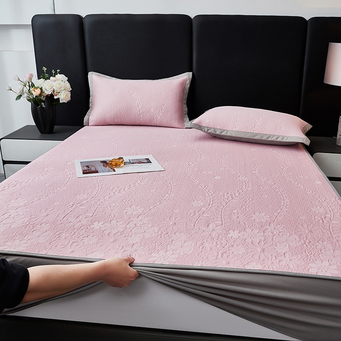 91家纺网 家纺一手货源 找家纺 库里梦家纺 2026新款轻奢高克重复合PE高分子凉席床笠三件套-简卉 简卉-粉色床笠款