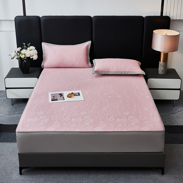 91家纺网 家纺一手货源 找家纺 库里梦家纺 2026新款轻奢高克重复合PE高分子凉席床笠三件套-简卉 简卉-粉色床笠款