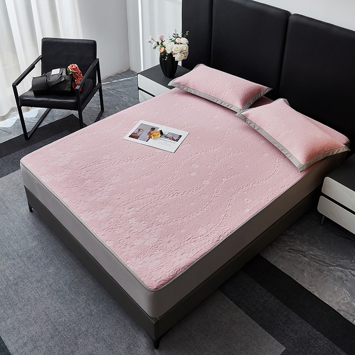 91家纺网 家纺一手货源 找家纺 库里梦家纺 2026新款轻奢高克重复合PE高分子凉席床笠三件套-简卉 简卉-粉色床笠款