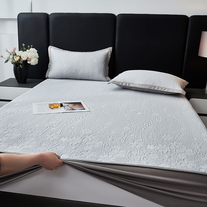 91家纺网 家纺一手货源 找家纺 库里梦家纺 2026新款轻奢高克重复合PE高分子凉席床笠三件套-简卉 简卉-灰色床笠款