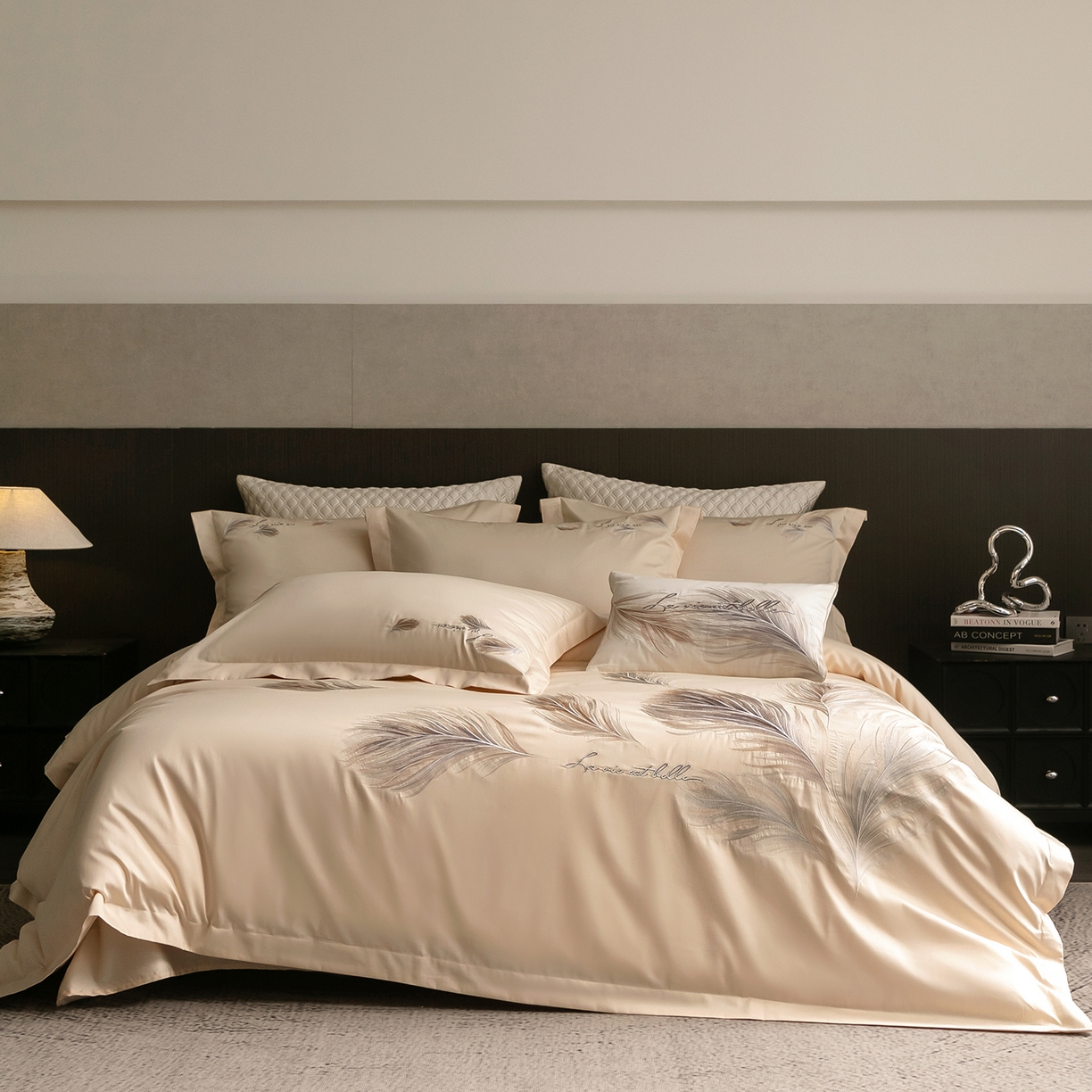 优悦生活馆 2026新款工艺款全棉新疆长绒棉刺绣四件套-暖雾羽眠 暖雾羽眠-浅香槟