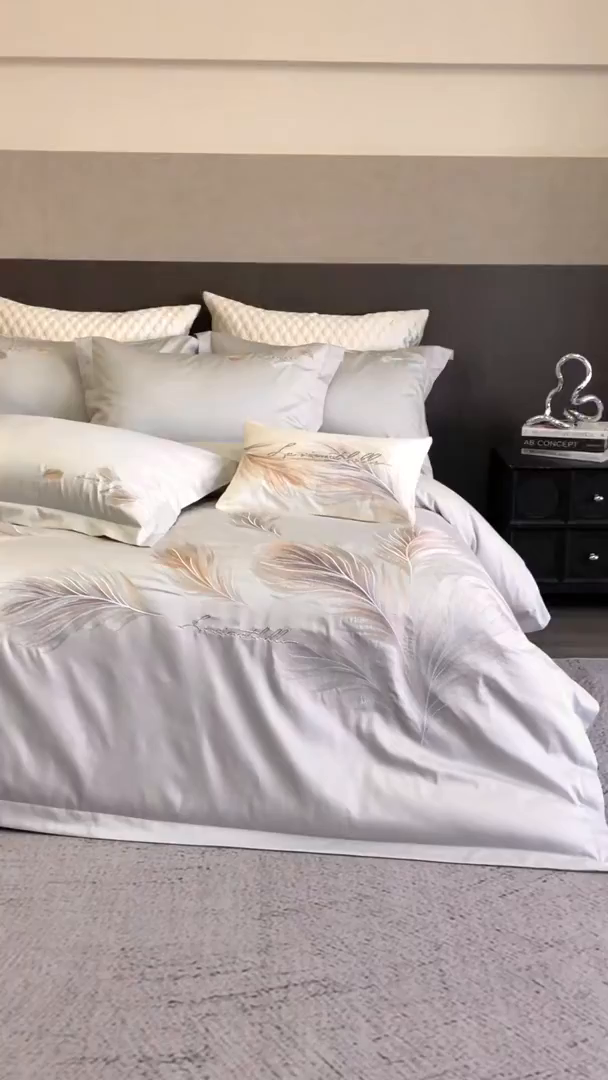 91家纺网 家纺一手货源 找家纺 优悦生活馆 2026新款工艺款全棉新疆长绒棉刺绣四件套-暖雾羽眠 暖雾羽眠-迷隐灰