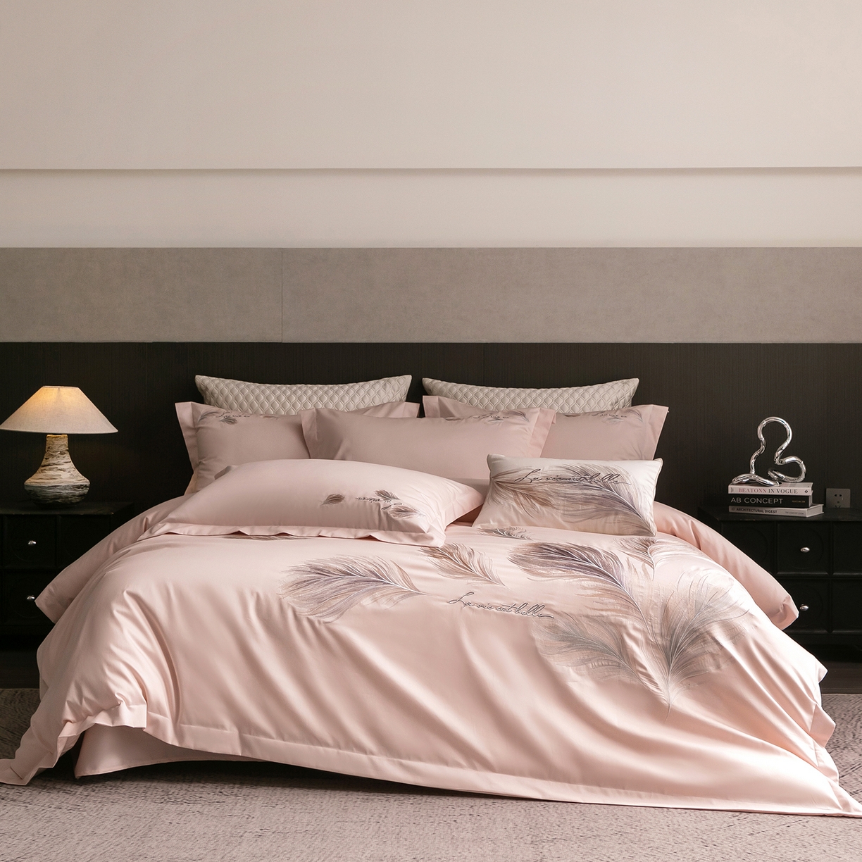 优悦生活馆 2026新款工艺款全棉新疆长绒棉刺绣四件套-暖雾羽眠 暖雾羽眠-水柔粉