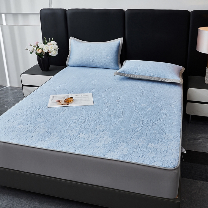 91家纺网 家纺一手货源 找家纺 库里梦家纺 2026新款轻奢高克重复合PE高分子凉席床笠三件套-简卉 简卉-蓝色床笠款