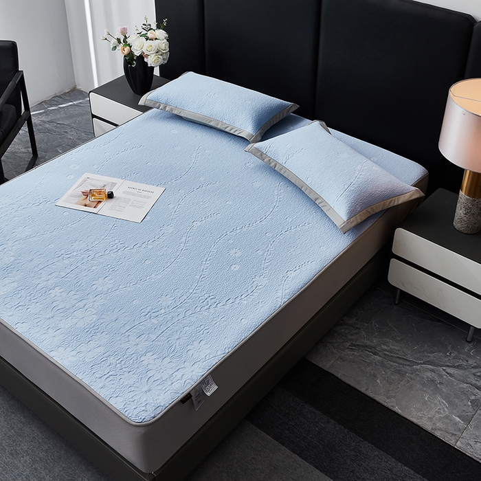 91家纺网 家纺一手货源 找家纺 库里梦家纺 2026新款轻奢高克重复合PE高分子凉席床笠三件套-简卉 简卉-蓝色床笠款