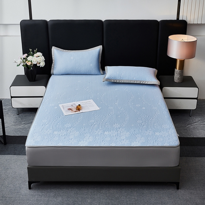 91家纺网 家纺一手货源 找家纺 库里梦家纺 2026新款轻奢高克重复合PE高分子凉席床笠三件套-简卉 简卉-蓝色床笠款