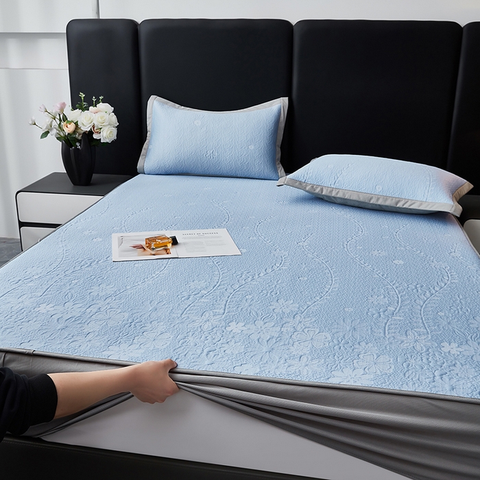 91家纺网 家纺一手货源 找家纺 库里梦家纺 2026新款轻奢高克重复合PE高分子凉席床笠三件套-简卉 简卉-蓝色床笠款