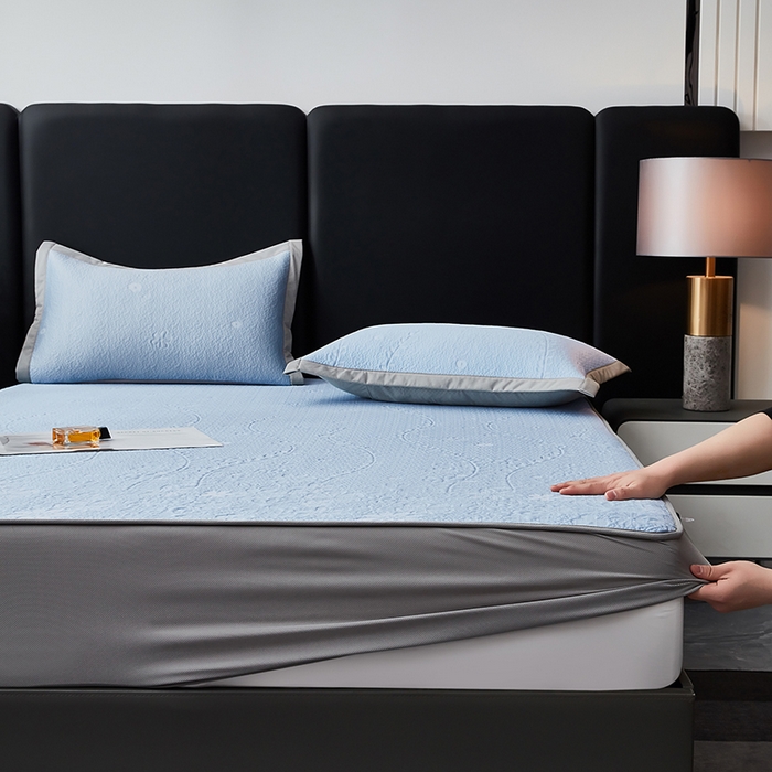 91家纺网 家纺一手货源 找家纺 库里梦家纺 2026新款轻奢高克重复合PE高分子凉席床笠三件套-简卉 简卉-蓝色床笠款