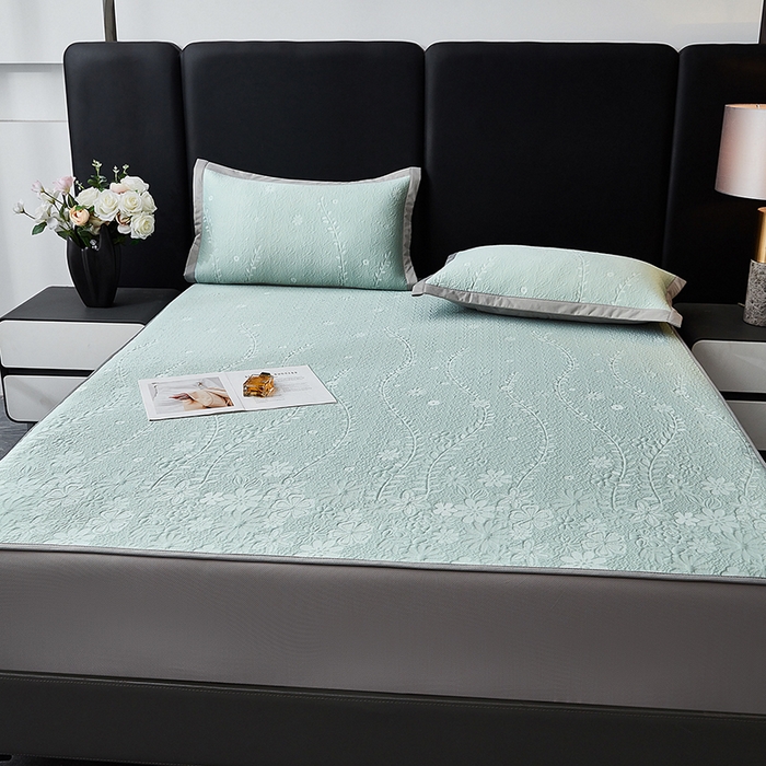 91家纺网 家纺一手货源 找家纺 库里梦家纺 2026新款轻奢高克重复合PE高分子凉席床笠三件套-简卉 简卉-绿色床笠款