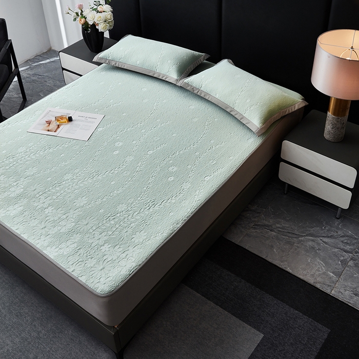 91家纺网 家纺一手货源 找家纺 库里梦家纺 2026新款轻奢高克重复合PE高分子凉席床笠三件套-简卉 简卉-绿色床笠款